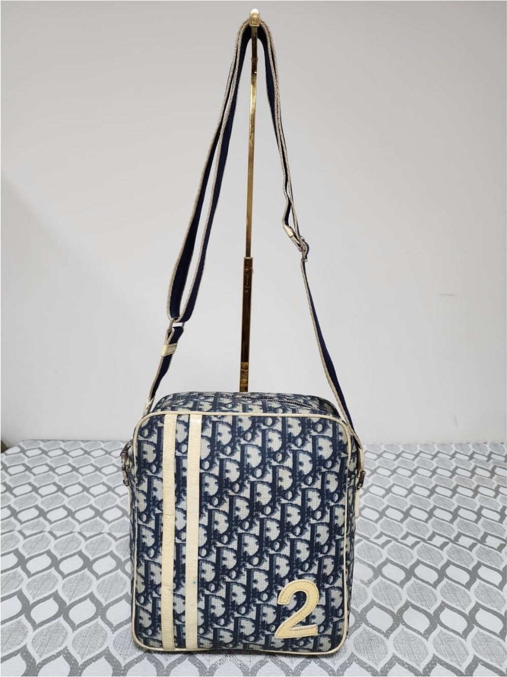 Christian Dior Vintage Trotter Canvas Shoulder Bag Blue/Cream